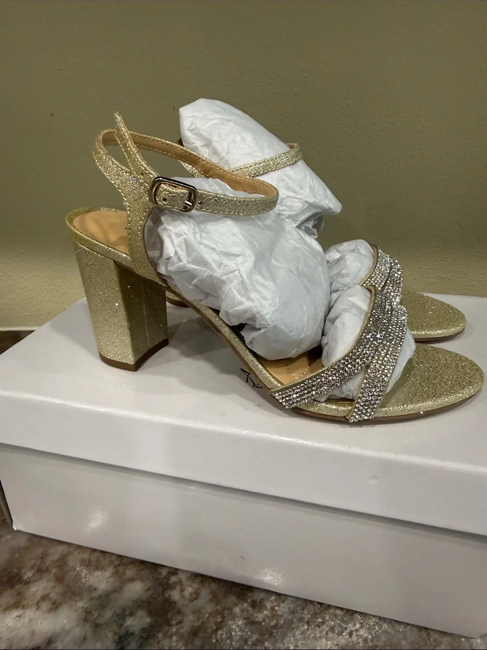 Badgley Mischka Light Gold Rhinestone Strap Dress Heels
